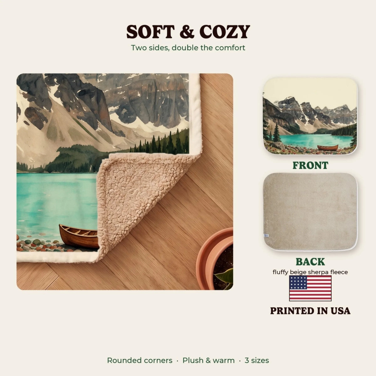 Soft and cozy sherpa blanket, printed in the USA
