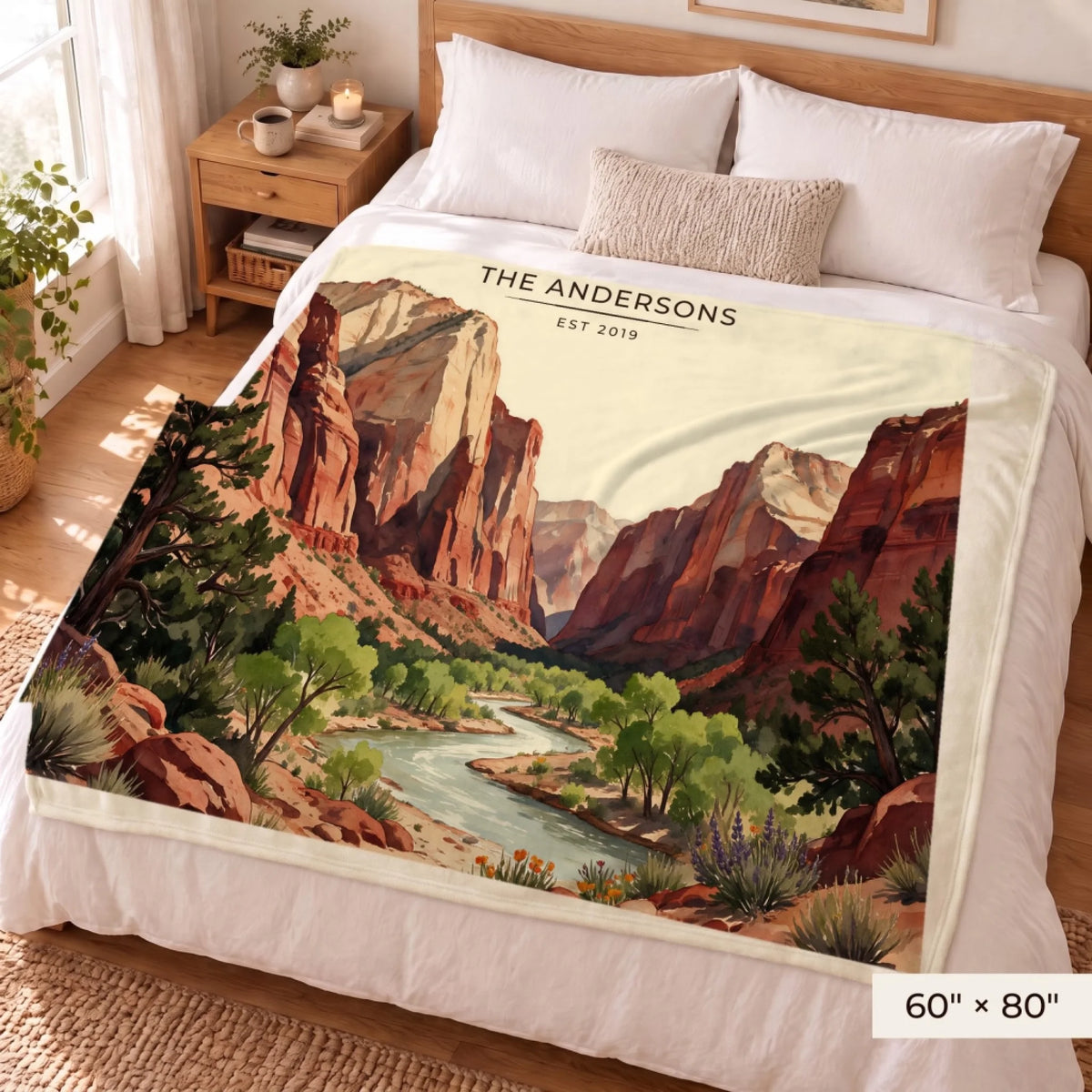 Zion Canyon River Sherpa Blanket 60x80 on a queen bed