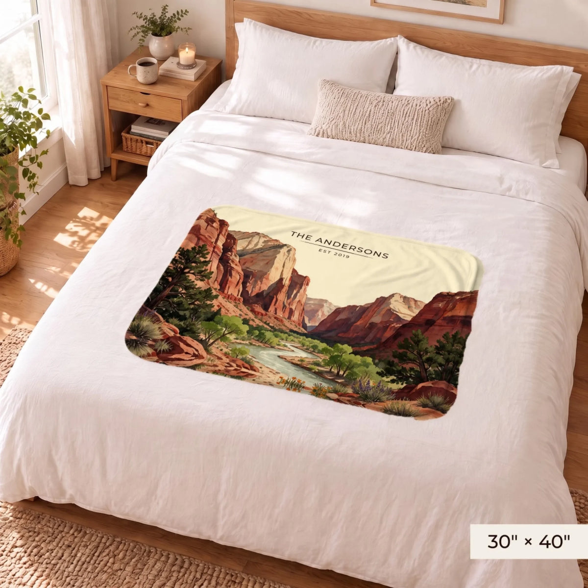 Zion Canyon River Sherpa Blanket 30x40 on a queen bed