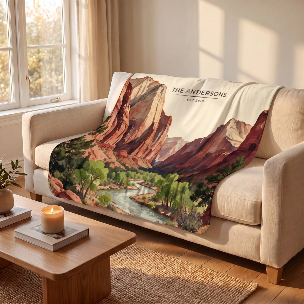 Zion Canyon River Sherpa Blanket draped over a sofa