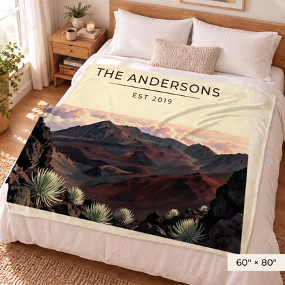 Haleakala Crater Sunrise Sherpa Blanket 60x80 on a queen bed