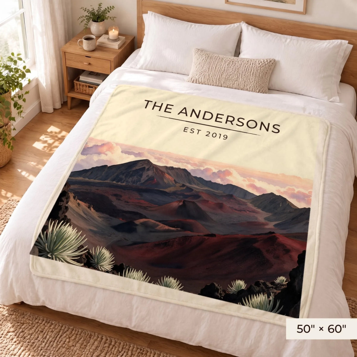 Haleakala Crater Sunrise Sherpa Blanket 50x60 on a queen bed