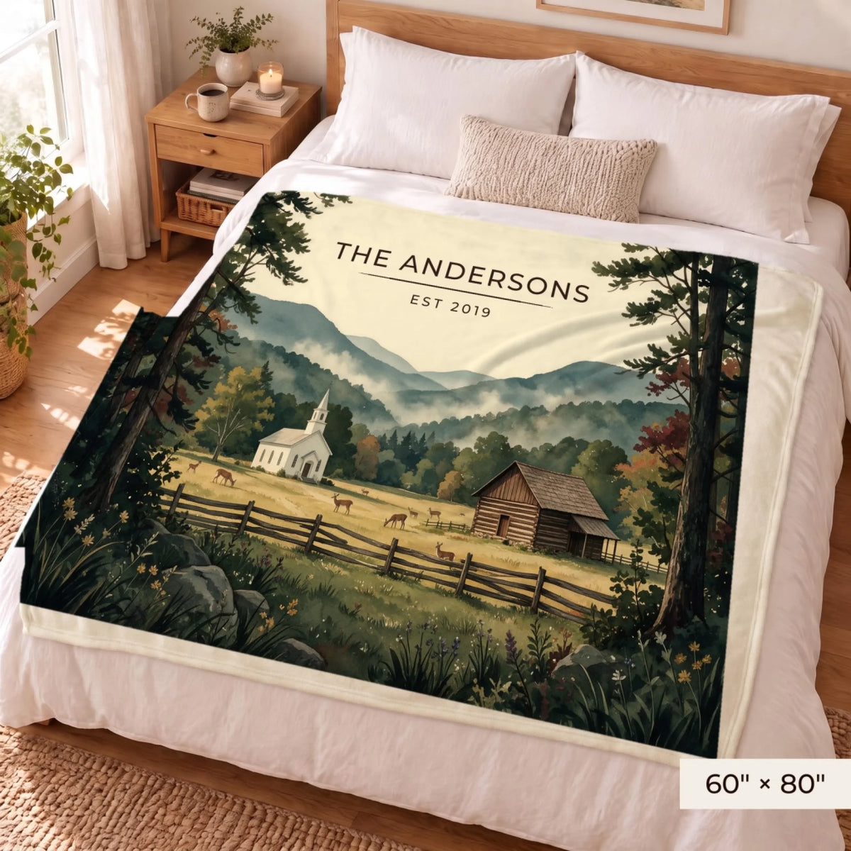 Great Smoky Mountains Cades Cove Sherpa Blanket 60x80 on a queen bed