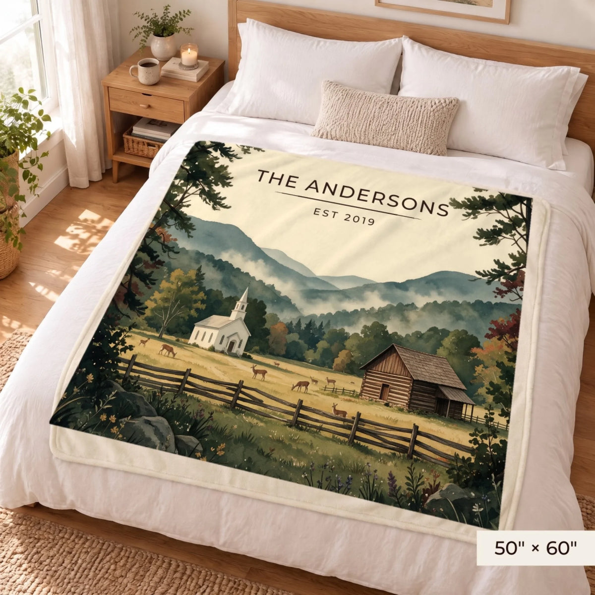 Great Smoky Mountains Cades Cove Sherpa Blanket 50x60 on a queen bed