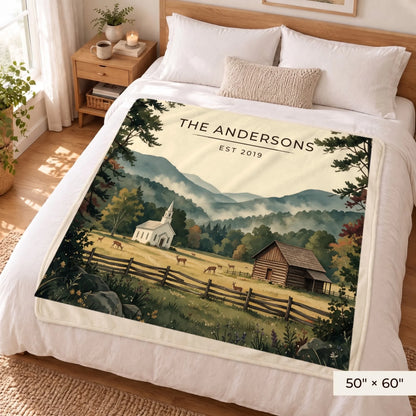 Great Smoky Mountains Cades Cove Sherpa Blanket 50x60 on a queen bed