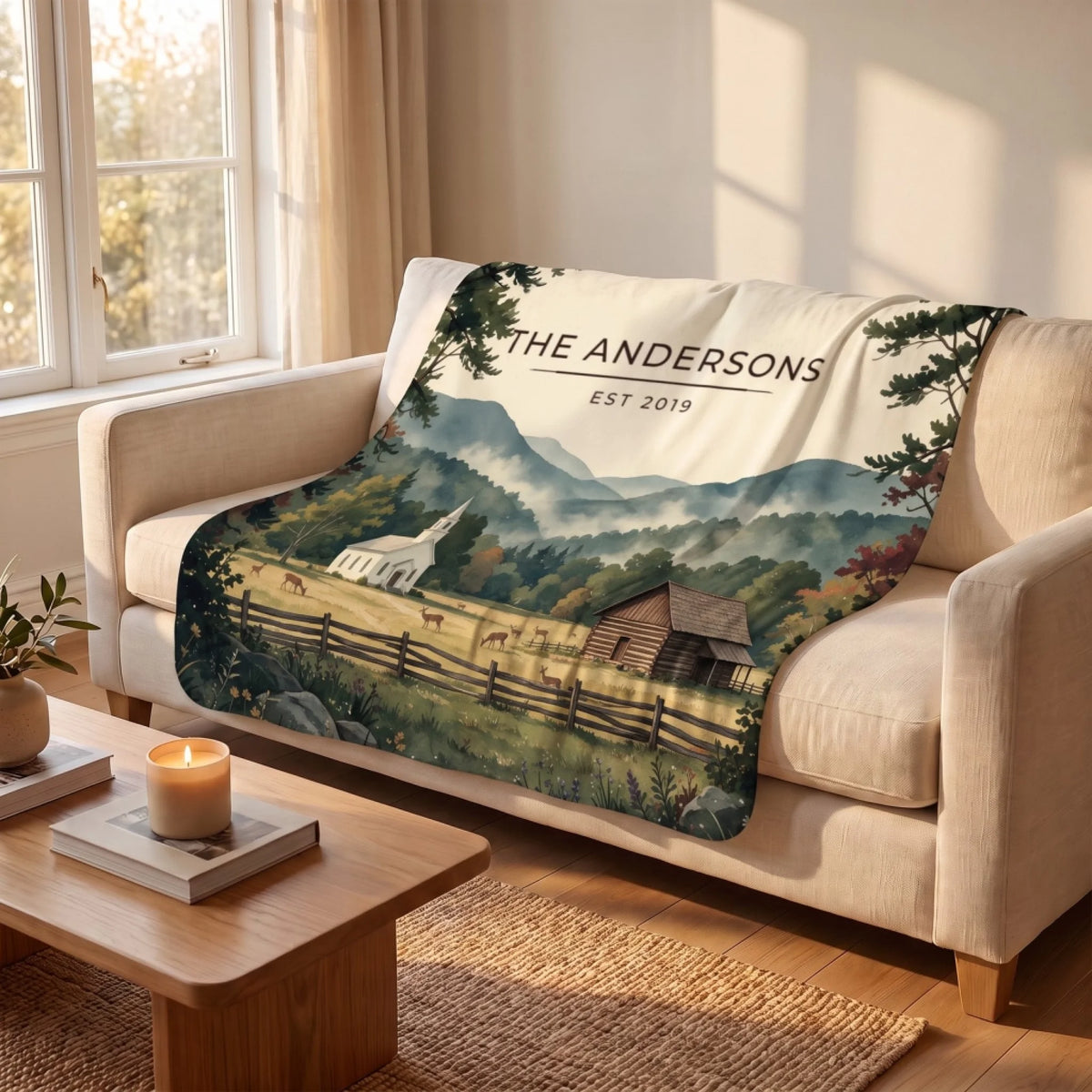 Great Smoky Mountains Cades Cove Sherpa Blanket draped over a sofa