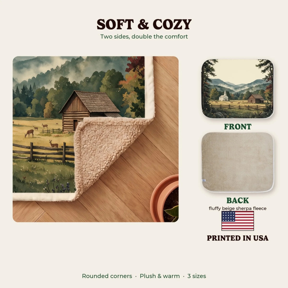 Soft and cozy sherpa blanket, printed in the USA