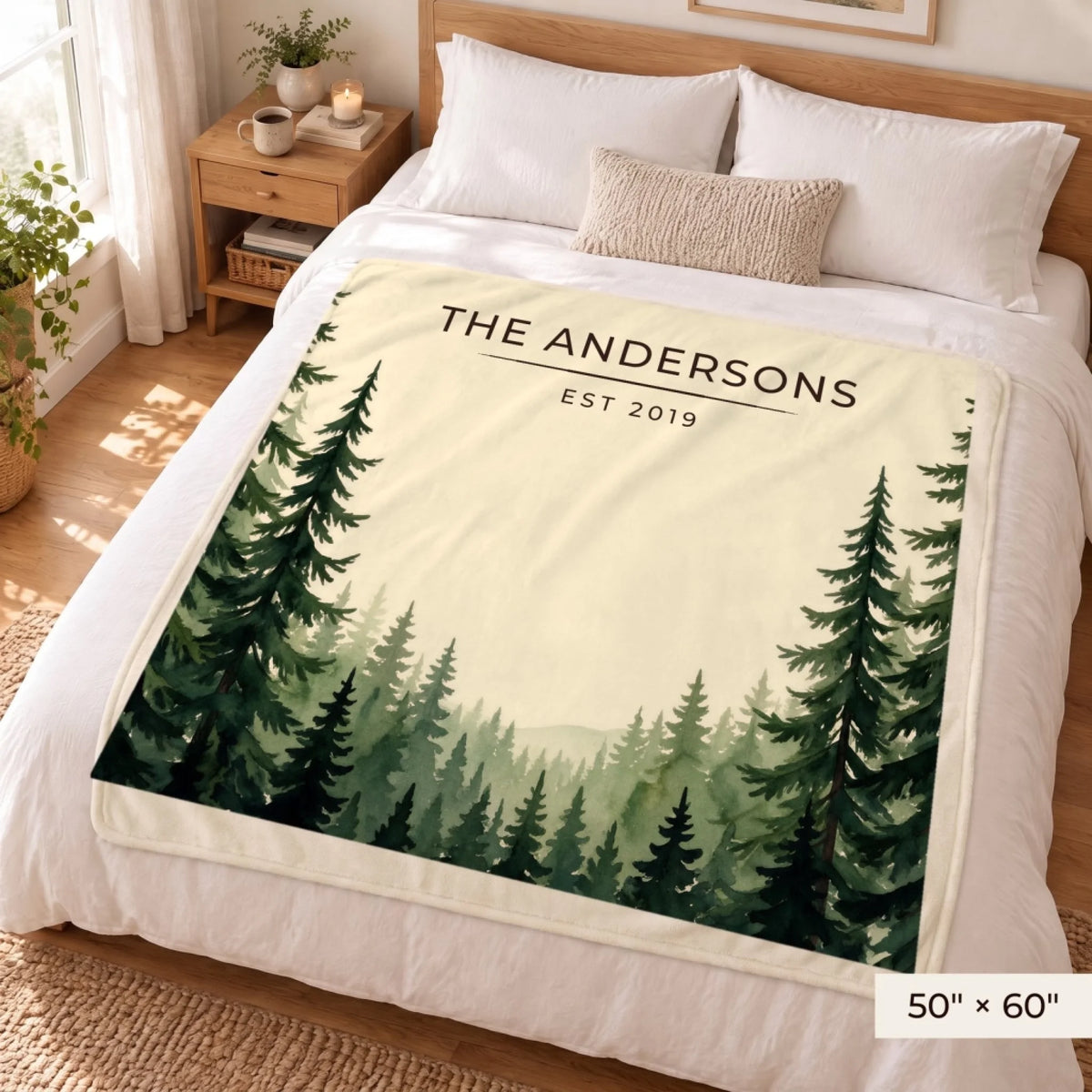 Evergreen Forest Treetops Sherpa Blanket 50x60 on a queen bed