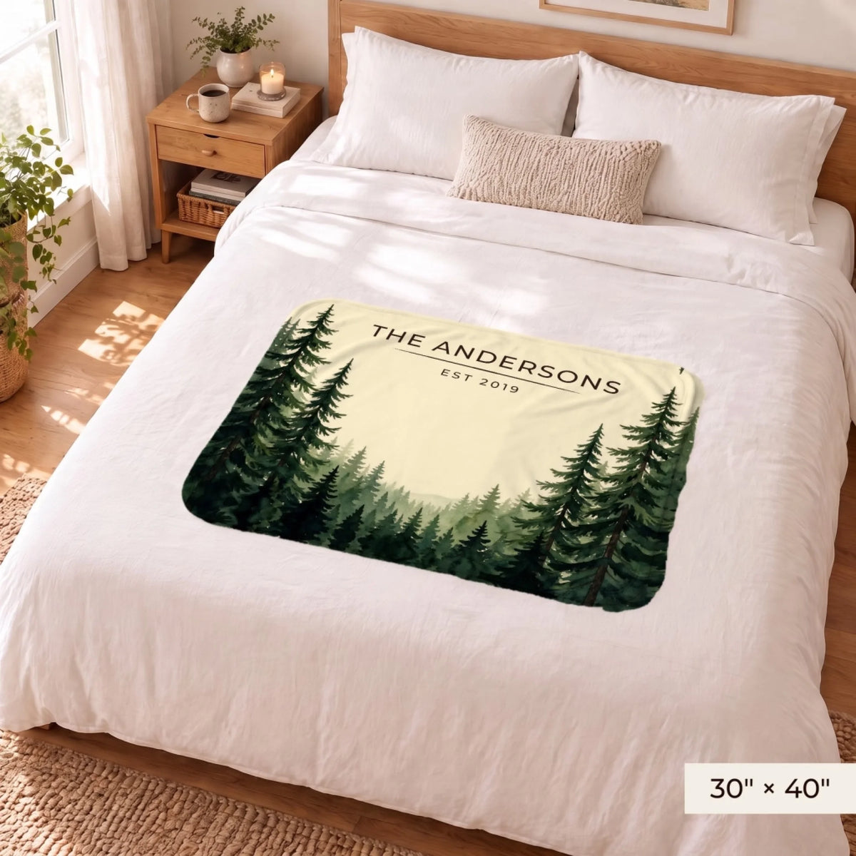 Evergreen Forest Treetops Sherpa Blanket 30x40 on a queen bed