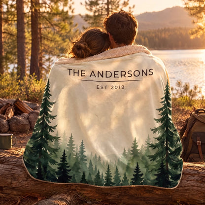 Couple wrapped in the Evergreen Forest Treetops Sherpa Blanket by a lake