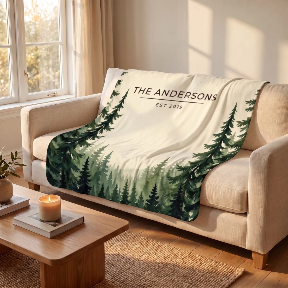 Evergreen Forest Treetops Sherpa Blanket draped over a sofa
