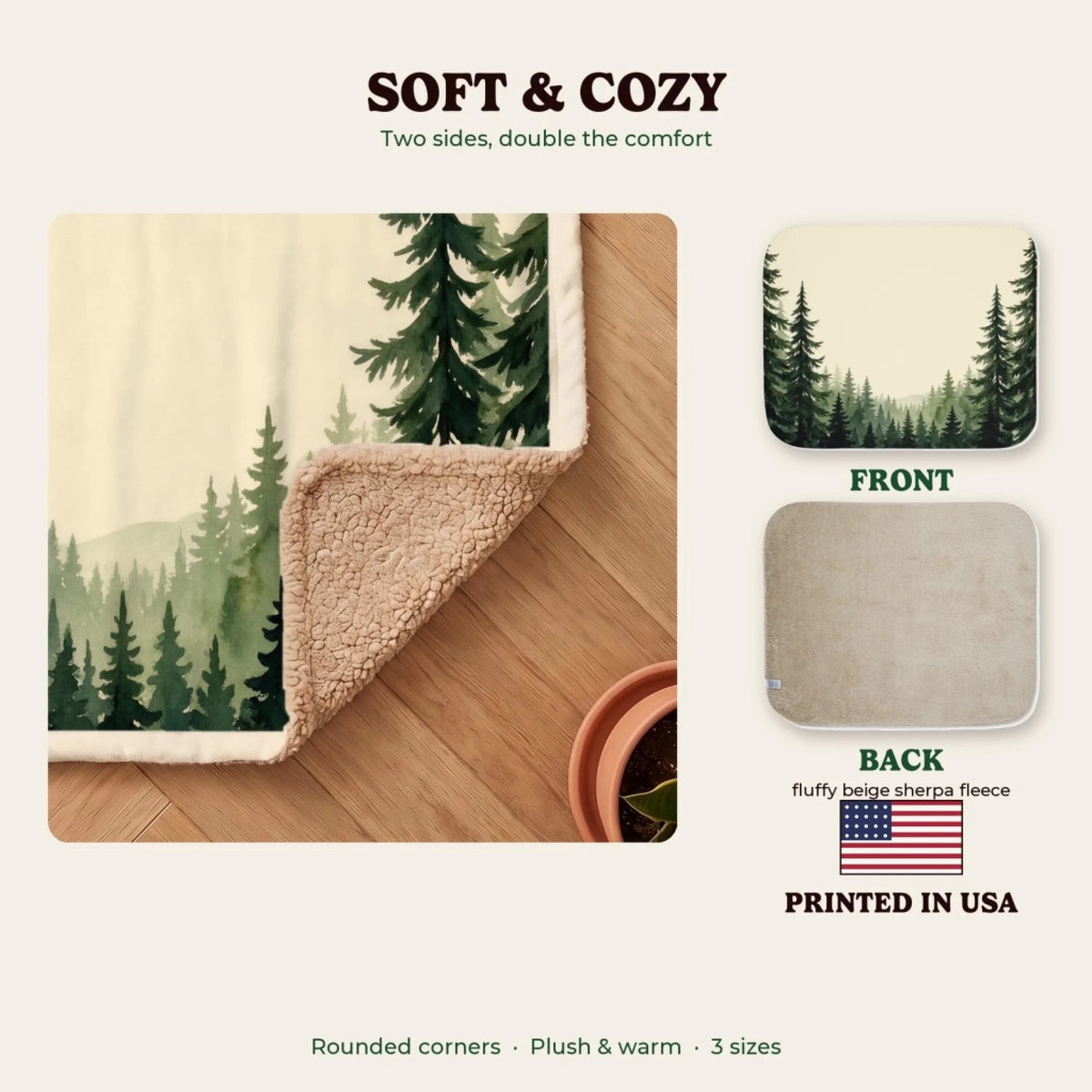 Soft and cozy sherpa blanket, printed in the USA