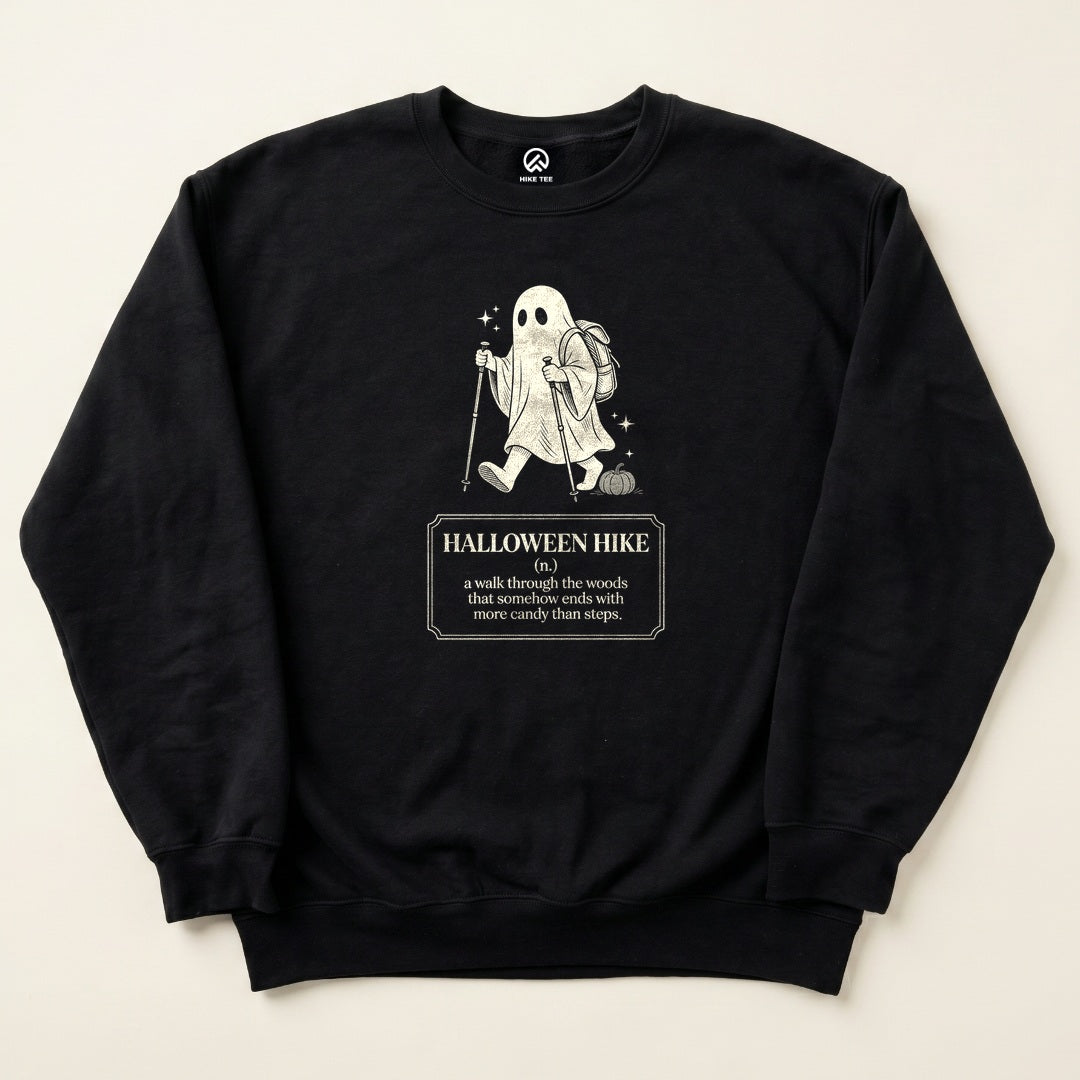 Black Halloween Hike Definition Sweatshirt with a ghost hiker with trekking poles and a Halloween Hike definition graphic