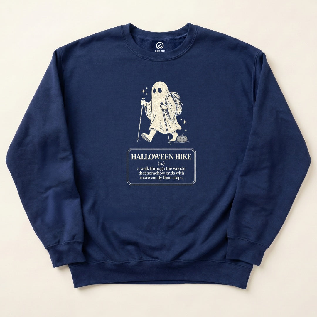 Navy Halloween Hike Definition Sweatshirt with a ghost hiker with trekking poles and a Halloween Hike definition graphic