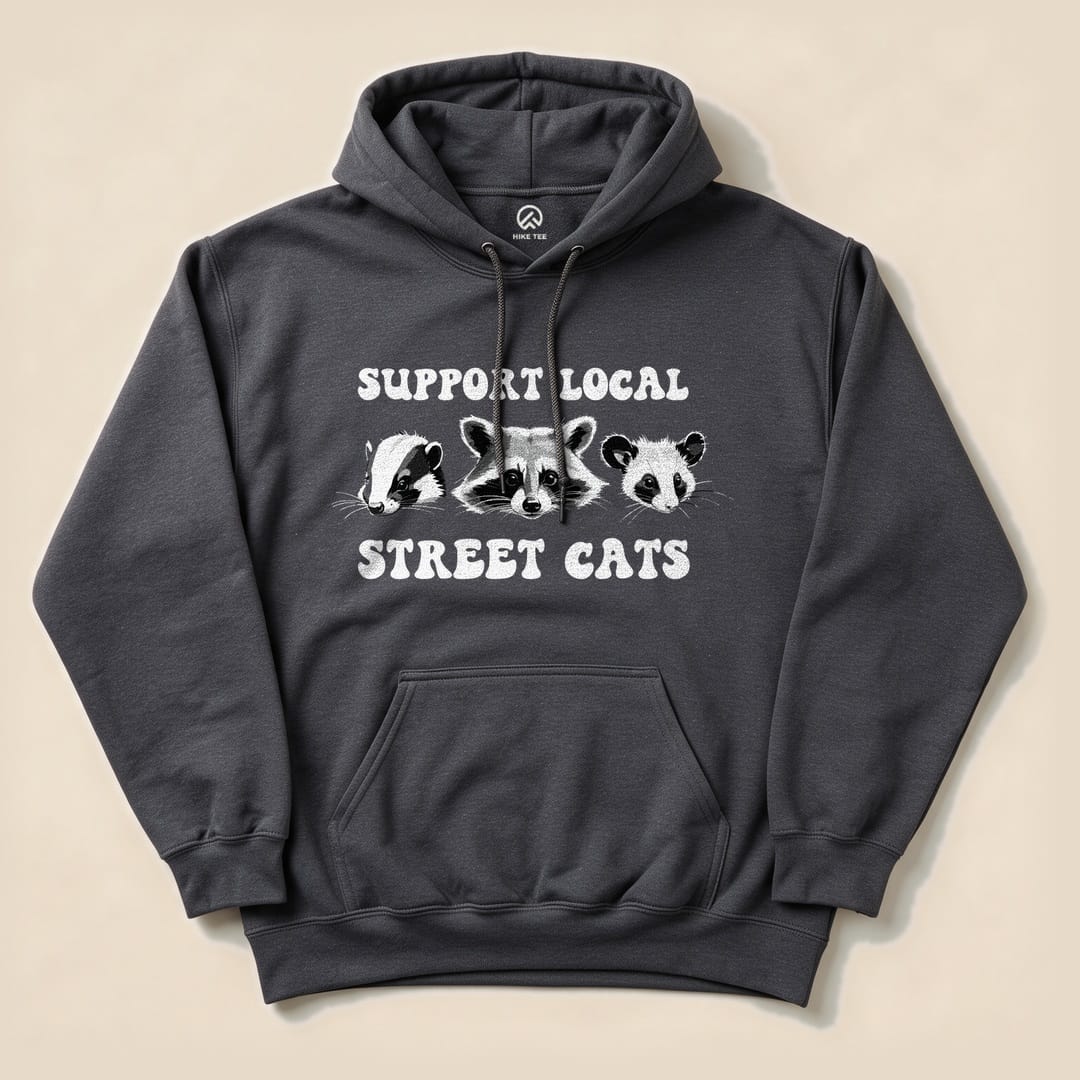 Dark Heather Street Cats Hoodie with a skunk, raccoon and possum graphic