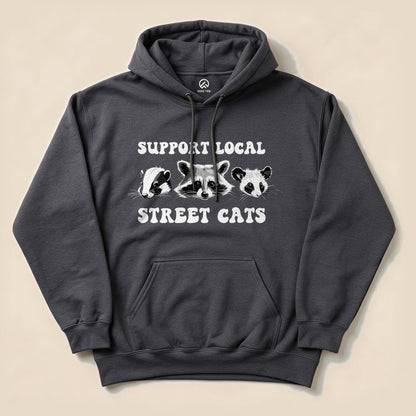 Dark Heather Street Cats Hoodie with a skunk, raccoon and possum graphic