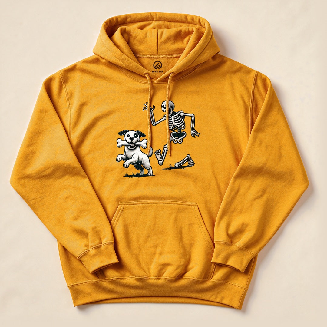 A yellow hoodie features a playful graphic of a skeleton and a dog, making it a fun Skeleton and Dog Halloween Hoodie.