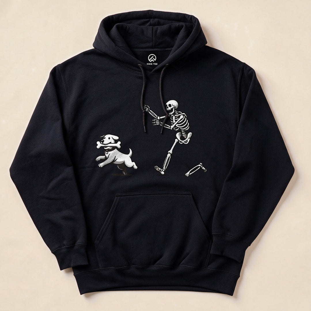 Black hoodie featuring a graphic of a playful skeleton and a dog running, showcasing the "Skeleton and Dog Hoodie" design.