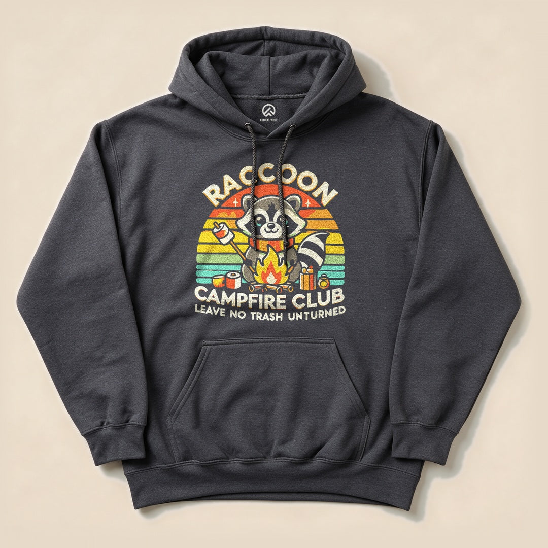 Dark Heather Raccoon Campfire Club Hoodie with a retro raccoon campfire graphic
