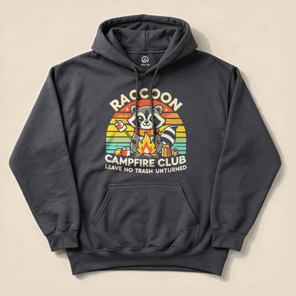 Dark Heather Raccoon Campfire Club Hoodie with a retro raccoon campfire graphic