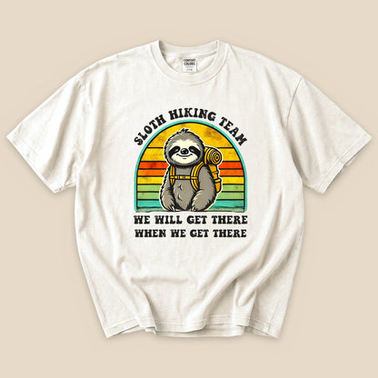 Ivory Sloth Hiking Team T-Shirt with a backpacking sloth and retro sunset stripes graphic
