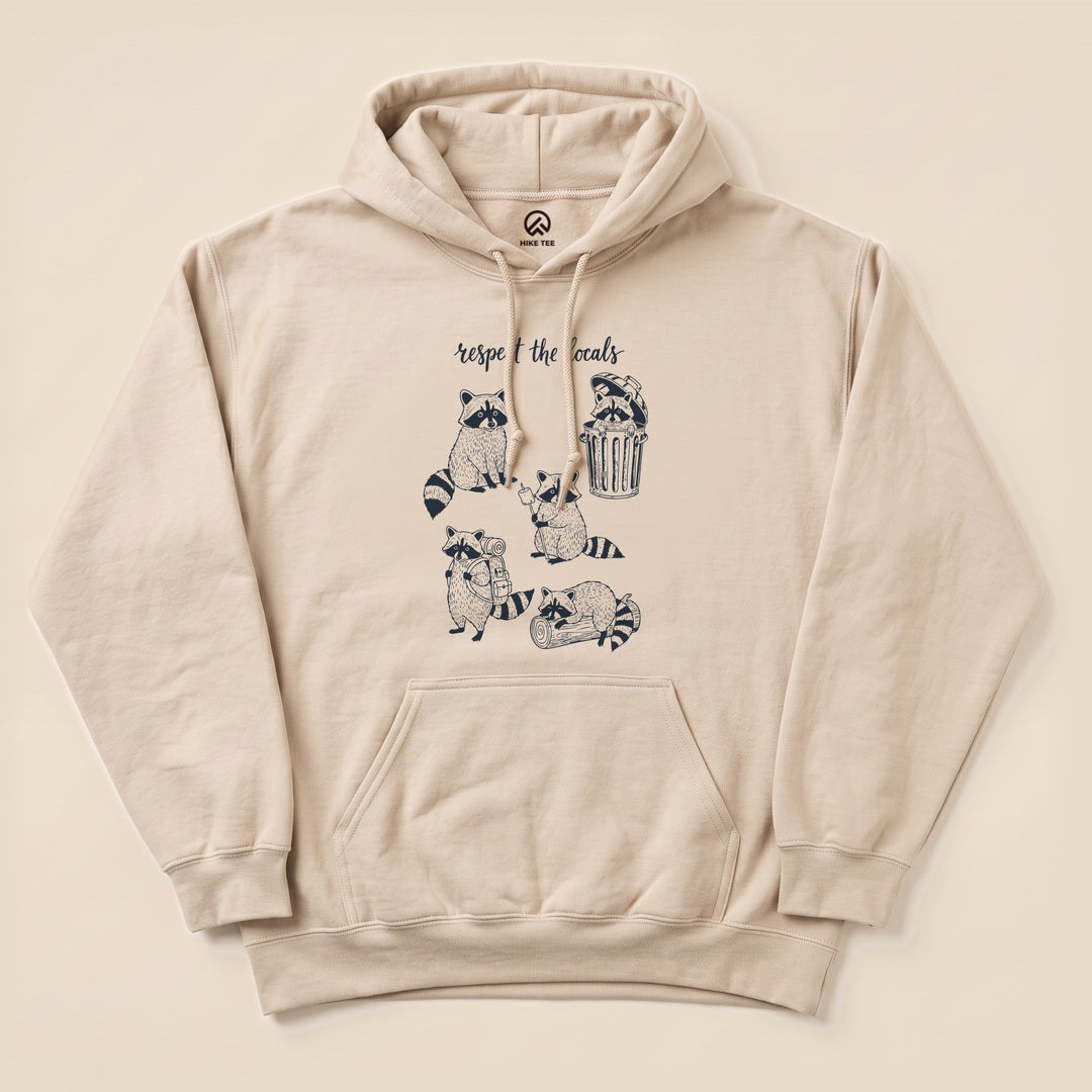 Sand Respect the Raccoons Hoodie with a funny raccoon trash can graphic