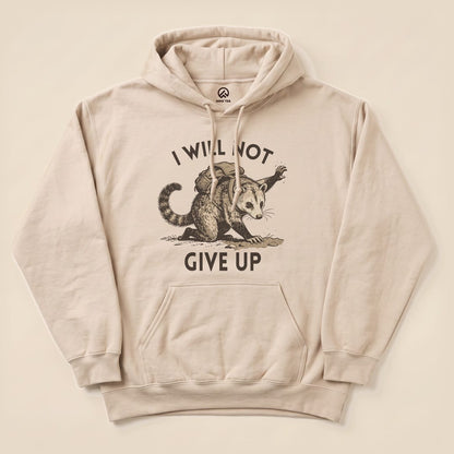 Sand I Will Not Possum Hoodie with a hiking possum with a backpack graphic