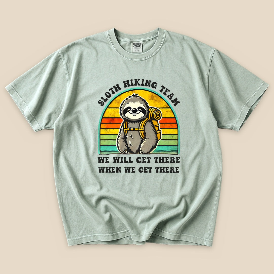 Bay Sloth Hiking Team T-Shirt with a backpacking sloth and retro sunset stripes graphic