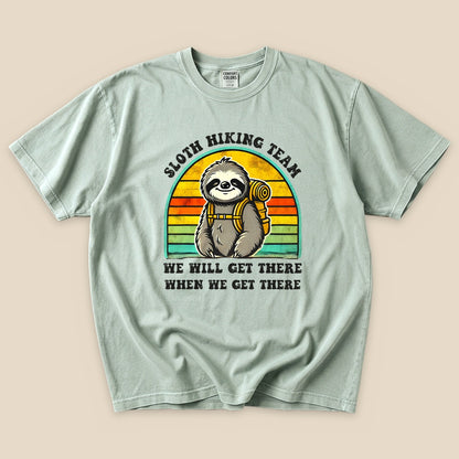 Bay Sloth Hiking Team T-Shirt with a backpacking sloth and retro sunset stripes graphic