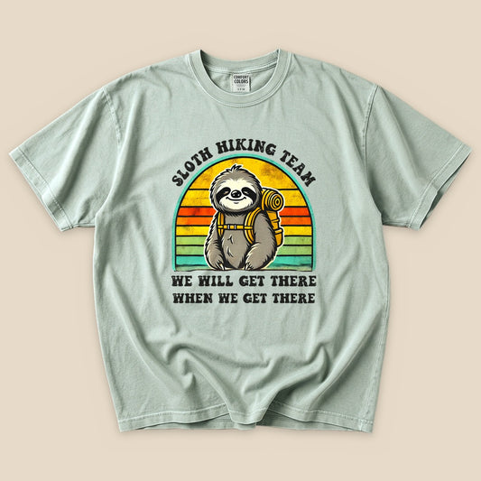 Bay Sloth Hiking Team T-Shirt with a backpacking sloth and retro sunset stripes graphic