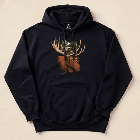 Black Rad Moose Hoodie with a moose wearing ski goggles graphic