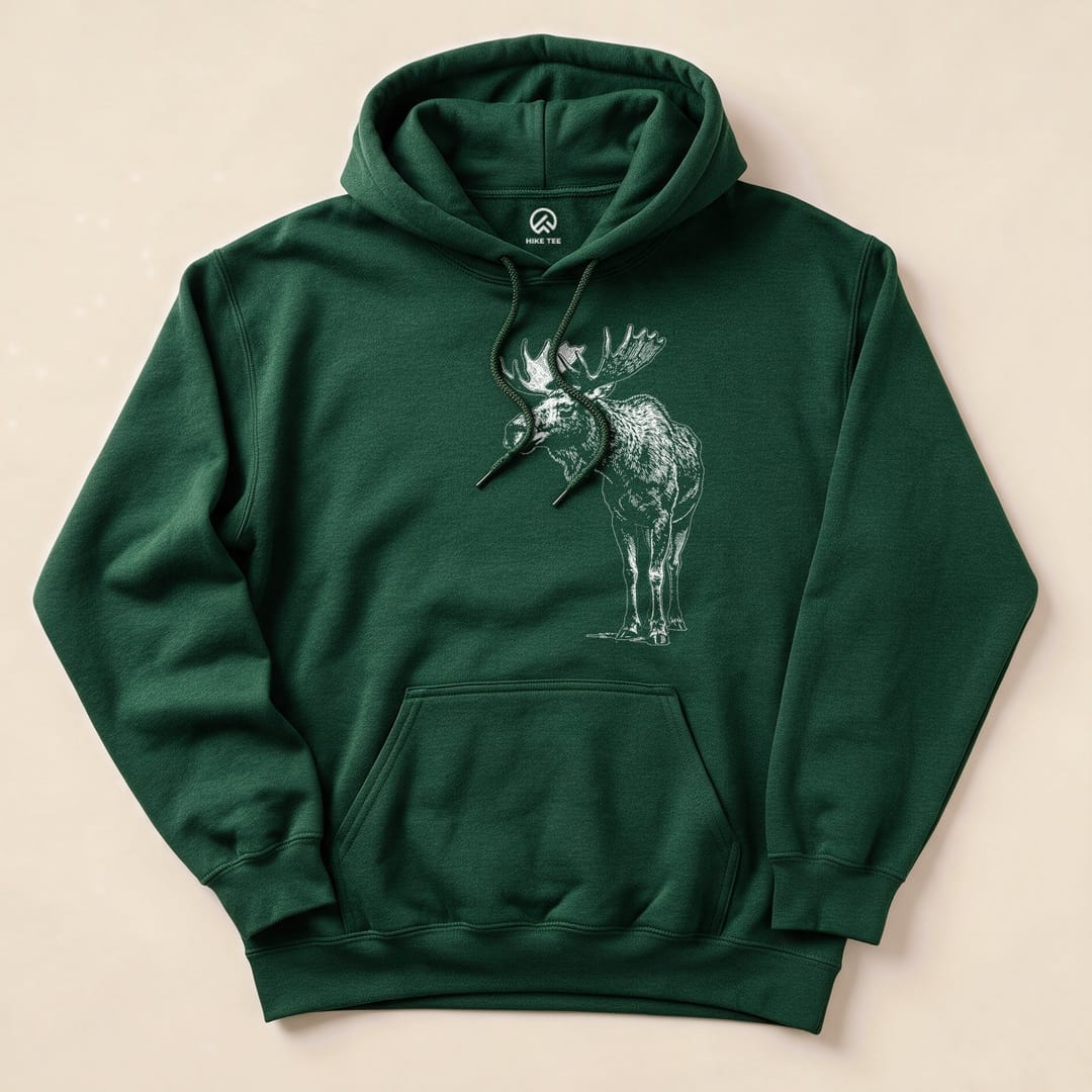Forest Green Vintage Moose Hoodie with a vintage moose sketch graphic