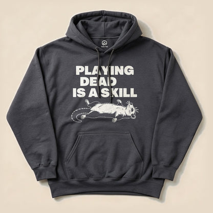 Dark Heather Playing Dead Possum Hoodie with a possum playing dead graphic