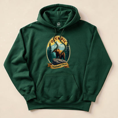Forest Green Olympic National Park Bear Hoodie with a vintage bear and mountains badge graphic