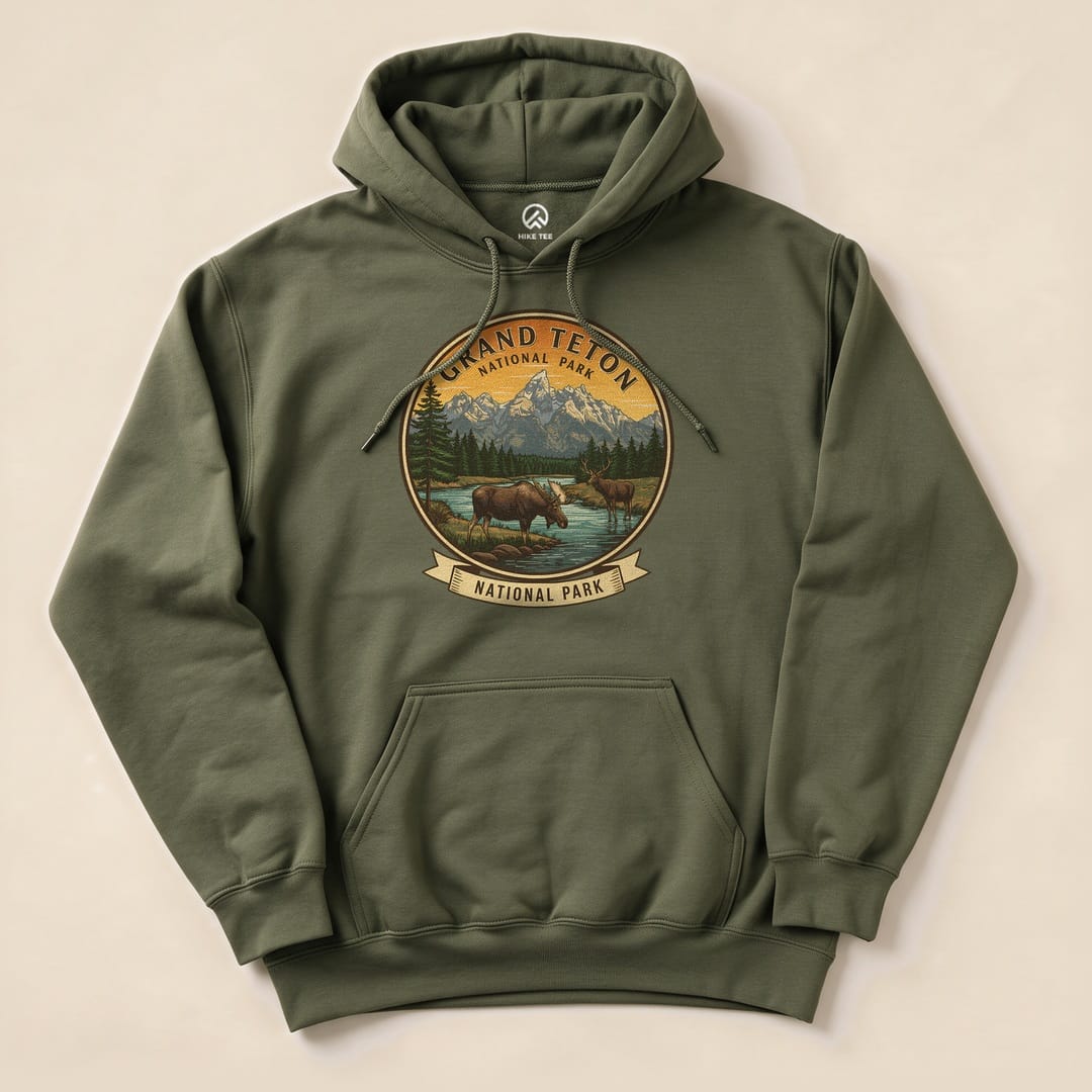 Military Green Grand Teton Moose Hoodie with a vintage Grand Teton moose badge graphic