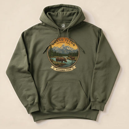 Military Green Grand Teton Moose Hoodie with a vintage Grand Teton moose badge graphic