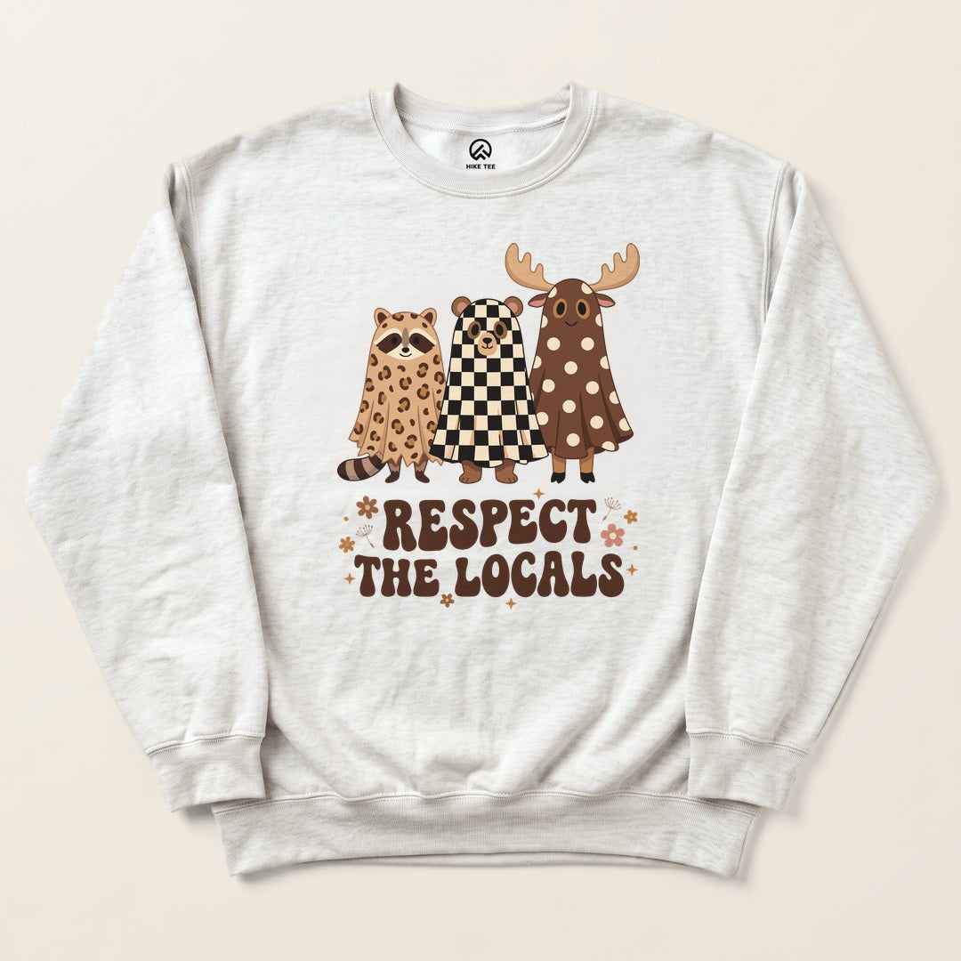 Ash Respect the Locals Ghosts Sweatshirt with three ghost-costumed forest animals and Respect the Locals lettering graphic