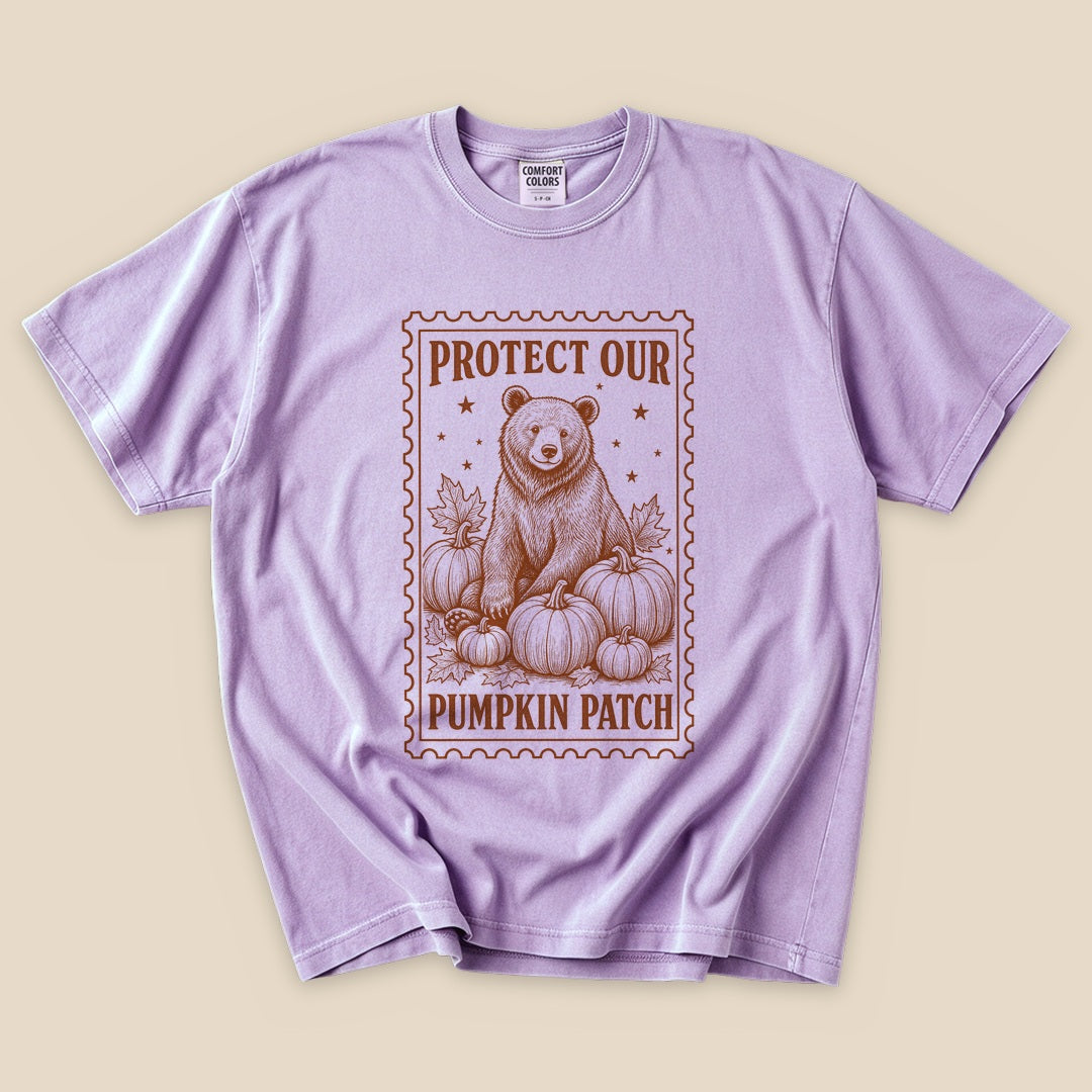 Orchid Protect Our Pumpkin Patch T-Shirt with a vintage bear guarding a pumpkin patch graphic