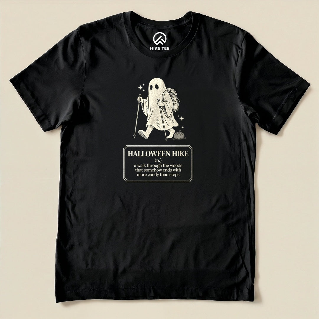 Black Halloween Hike Definition Shirt with a ghost hiker with a walking stick and a Halloween hike definition graphic