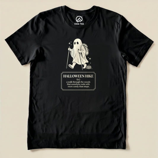 Black Halloween Hike Definition Shirt with a ghost hiker with a walking stick and a Halloween hike definition graphic