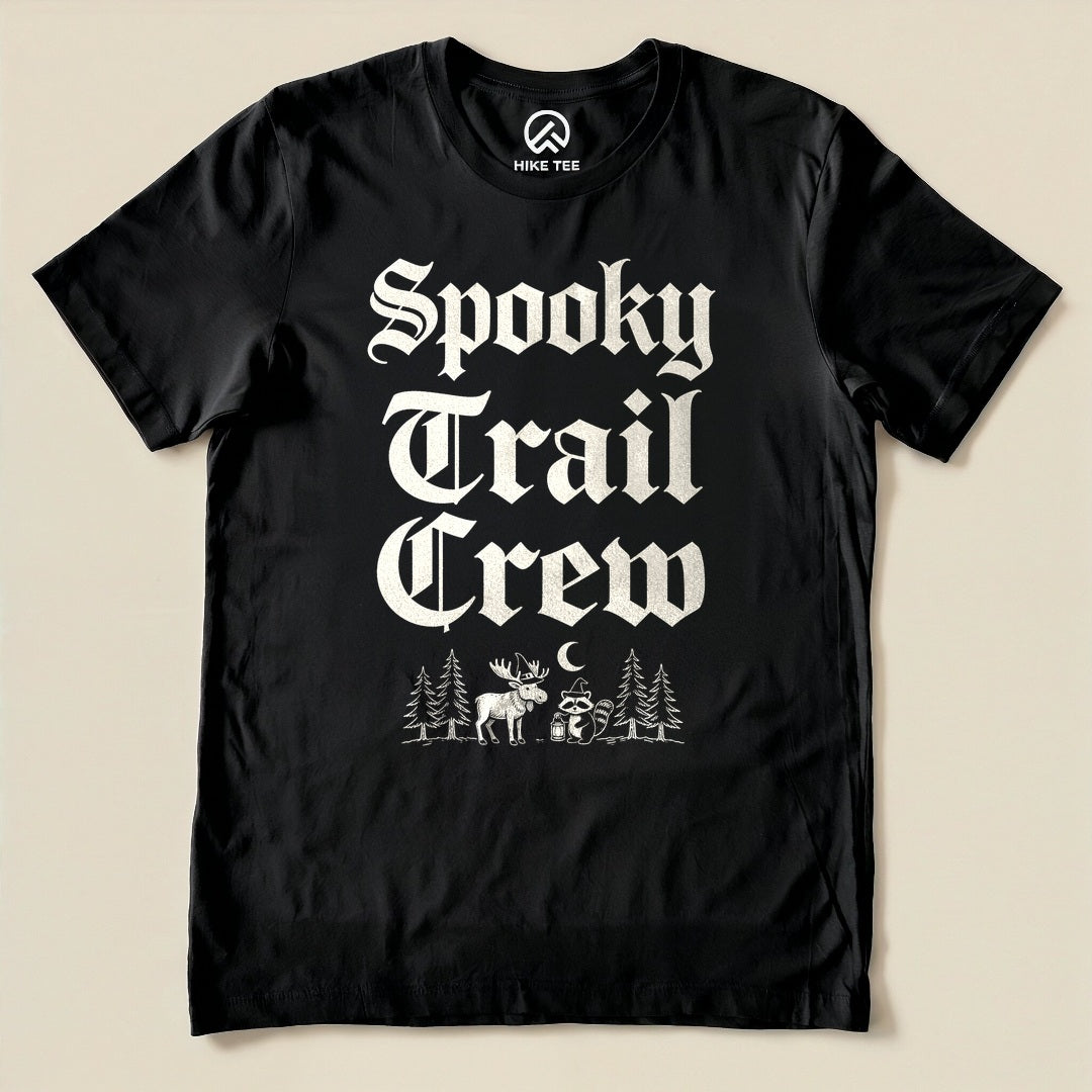 Black Spooky Trail Crew Shirt with a gothic lettering design with a moose, raccoon and pine trees graphic
