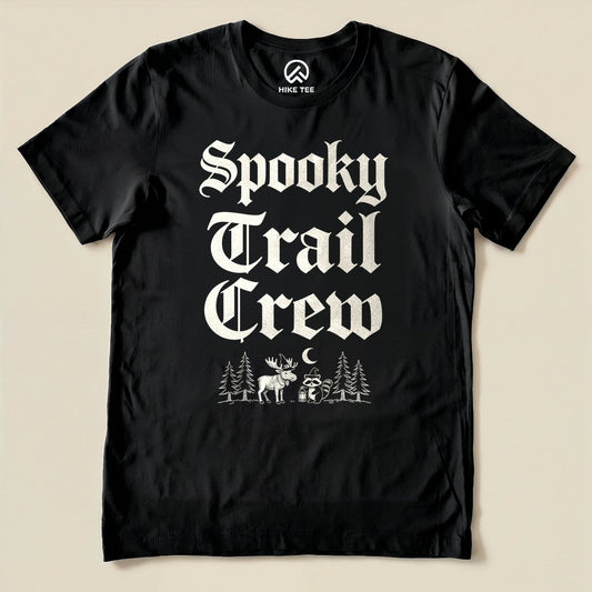 Black Spooky Trail Crew Shirt with a gothic lettering design with a moose, raccoon and pine trees graphic