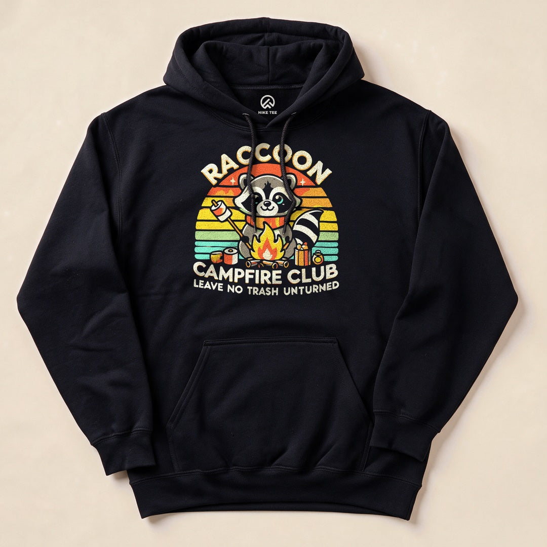 Black Raccoon Campfire Club Hoodie with a retro raccoon campfire graphic