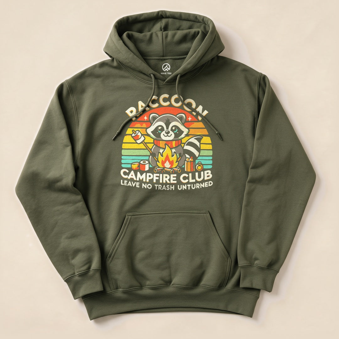 Military Green Raccoon Campfire Club Hoodie with a retro raccoon campfire graphic