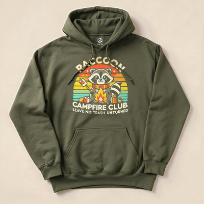 Military Green Raccoon Campfire Club Hoodie with a retro raccoon campfire graphic