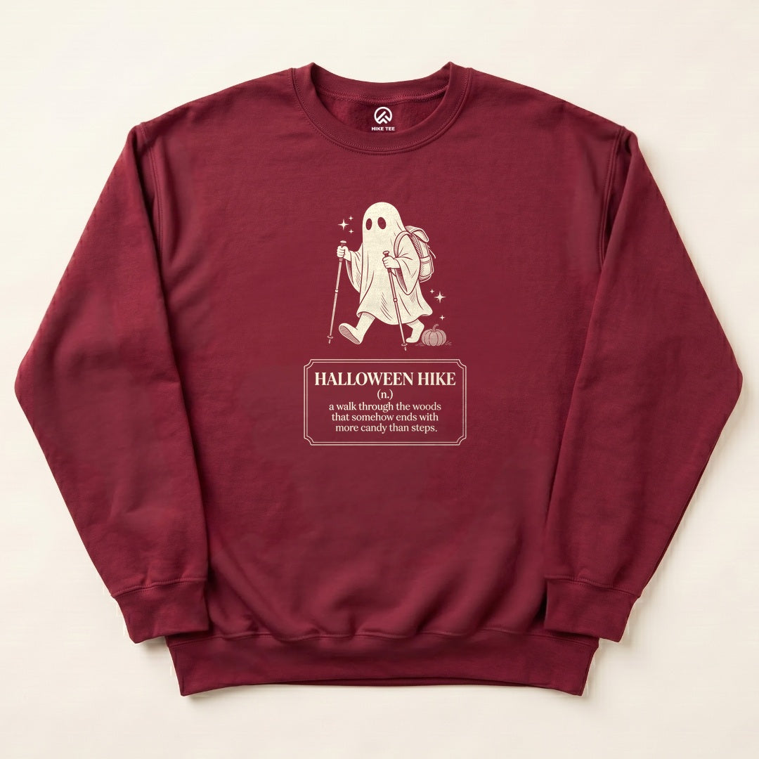Maroon Halloween Hike Definition Sweatshirt with a ghost hiker with trekking poles and a Halloween Hike definition graphic