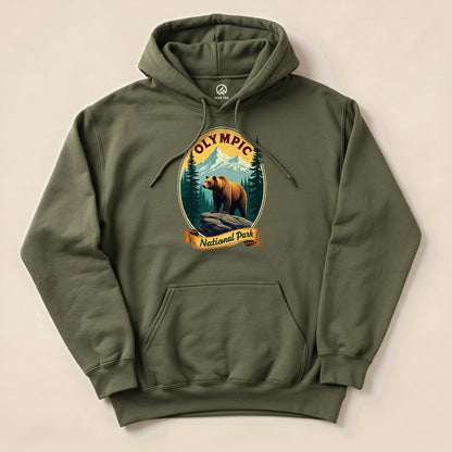 Military Green Olympic National Park Bear Hoodie with a vintage bear and mountains badge graphic