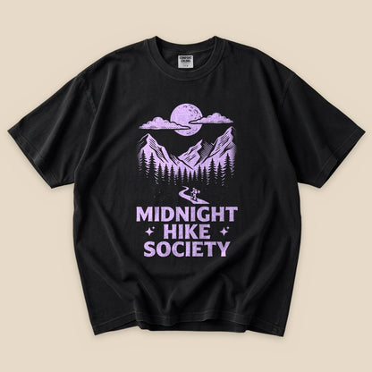 Black Midnight Hike Society T-Shirt with a purple moon over misty mountains graphic