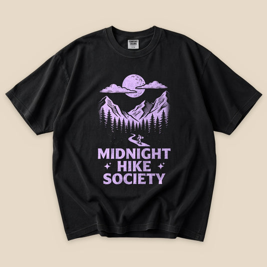 Black Midnight Hike Society T-Shirt with a purple moon over misty mountains graphic