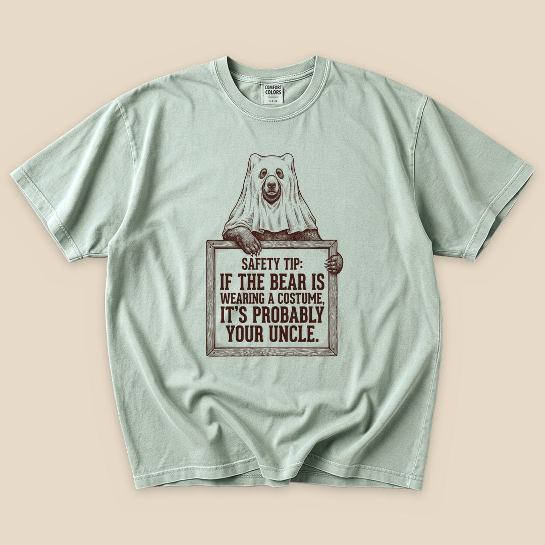 Bay Bear Safety Tip T-Shirt with a bear in a ghost costume and a funny safety tip graphic